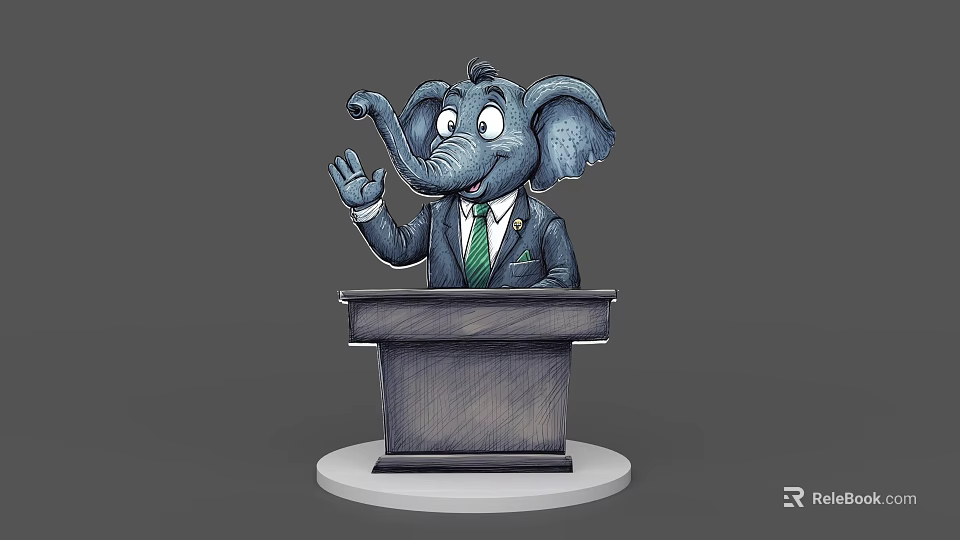 Cartoon Elephant Game Movie Character in Suit and Tie Waving at Podium 3d model 