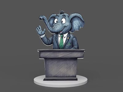 Cartoon Elephant Game Movie Character in Suit and Tie Waving at Podium 3d model