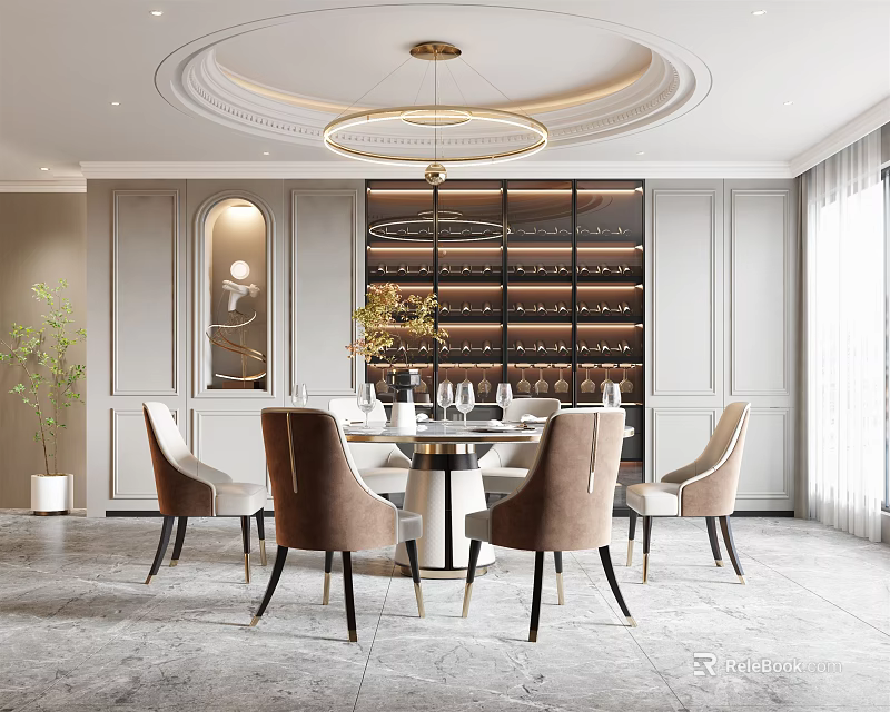 Elegant Modern Restaurant Interior With Round Table Beige Chairs Wine Rack Chandelier And Arched Decor 3d model 