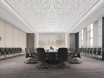 Modern Conference Room Interior with White Dotted Ceiling Round Table Black Chairs and Large Windows 3d model