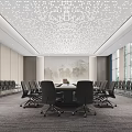 Modern Conference Room Interior with White Dotted Ceiling Round Table Black Chairs and Large Windows