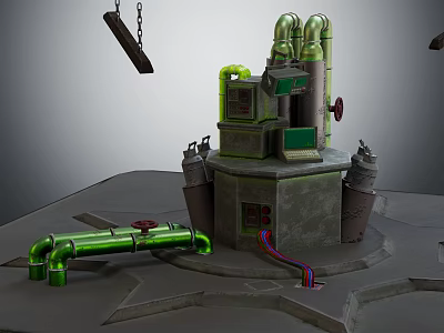 Industrial Mechanical Structure Featuring Green Pipes Concrete Base Tanks And Colored Cables 3d model