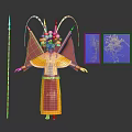 Traditional Costume Character With Red Headdress And Mythical Creature Illustrations