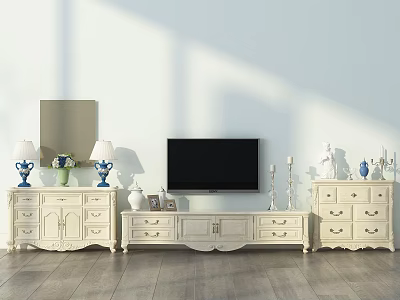 Elegant White TV Stand With Table Lamps Vases Statues And Candle Holders 3d model