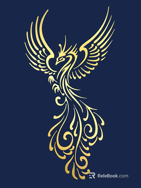 Intricate Golden Phoenix Carving With Detailed Feathers On Dark Blue Background 3d model 