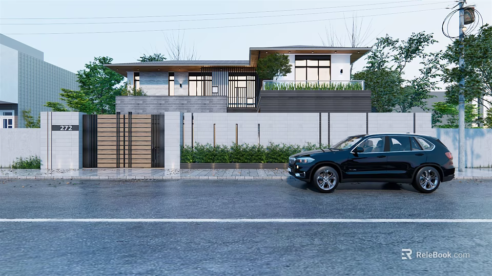 Modern Detached Villa Exterior With Stone Wall Wooden Gate Black SUV And Green Plants 3d model 