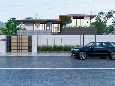 Modern Detached Villa Exterior With Stone Wall Wooden Gate Black SUV And Green Plants 3d model
