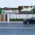 Modern Detached Villa Exterior With Stone Wall Wooden Gate Black SUV And Green Plants