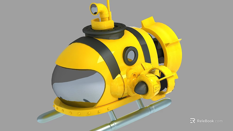 Yellow Toy Submarine Model With Black Stripes Round Windows Periscope And Metal Stand 3d model 