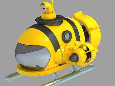 Yellow Toy Submarine Model With Black Stripes Round Windows Periscope And Metal Stand 3d model
