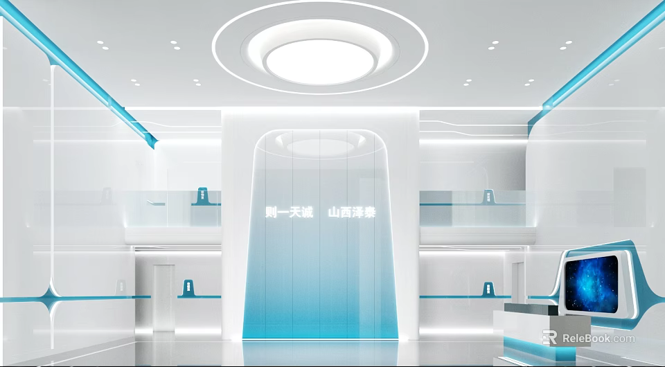 Hi Tech Modern Front Desk Reception Interior Design With Blue White Glass And Lighting 3d model 