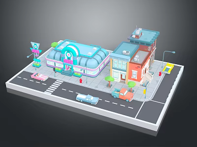 Cartoon Street Scene With Colorful Buildings Cars Street Lamps Trees And Shop Signs 3d model