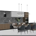 Modern Dining Table Set with Chairs and Kitchen Cabinets Marble Backsplash Pendant Lights 3d model