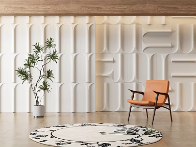 White Textured Geometric Design Wall With Orange Armchair Round Rug Green Plant In Modern Interior 3d model