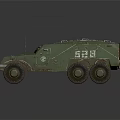Green Armored Military Vehicle With Six Wheels Number 523 And Weathered Exterior