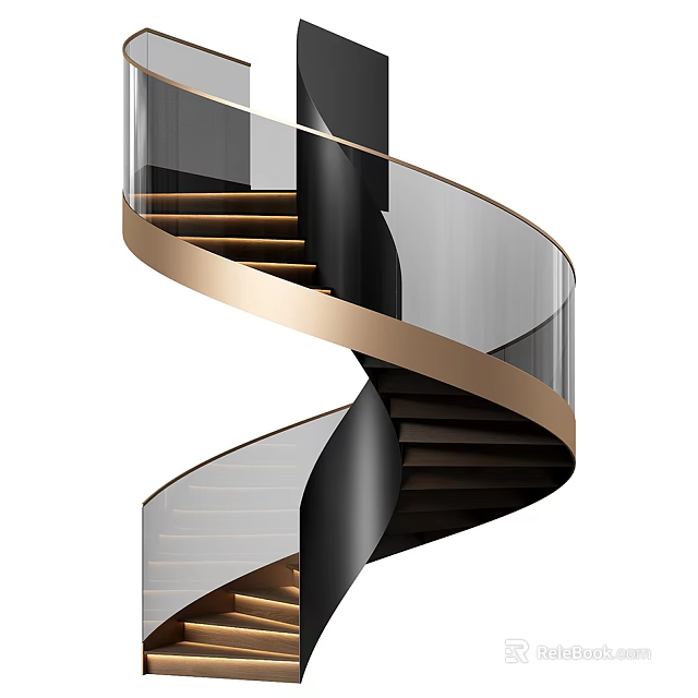 Modern Spiral Staircase Design With Glass Railing Black Structure And Gold Accents 3d model 