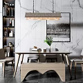Modern Dining Table Set With Wooden Table Chairs Bench Hanging Light And Marble Wall 3d model