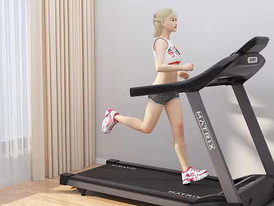 Blonde Woman Running on Black Treadmill in Bright Room with Light Curtains 3d model