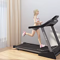 Blonde Woman Running on Black Treadmill in Bright Room with Light Curtains