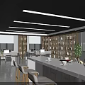Modern Office Interior With Bookshelves Workstations Long Ceiling Lights Large Windows And Plants