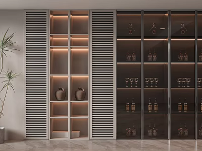 Elegant Modern Wine Cabinet With Glass Doors Vertical Slats Interior Lighting Wine Bottles And Glasses 3d model