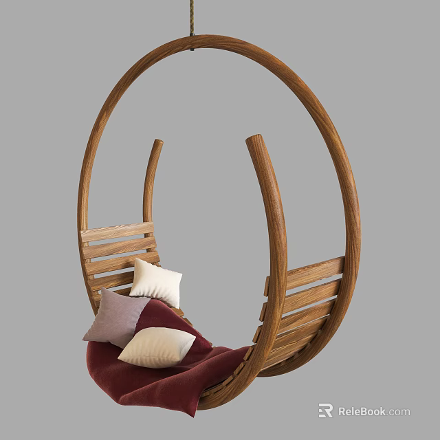 Wooden Hanging Chair With Curved Frame Red Cushion And Decorative Pillows 3d model 