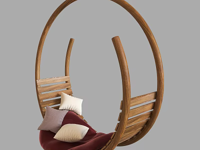 Wooden Hanging Chair With Curved Frame Red Cushion And Decorative Pillows 3d model