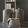 Modern Natural Wood Shelving Unit With Towels Woven Baskets And Storage Jars