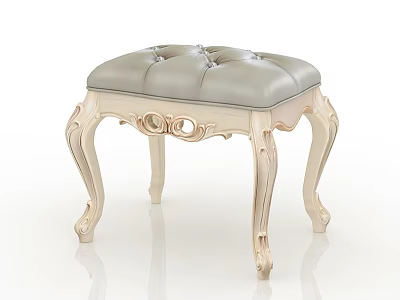 Elegant White Stool With Tufted Leather Seat And Ornate Carved Legs 3d model