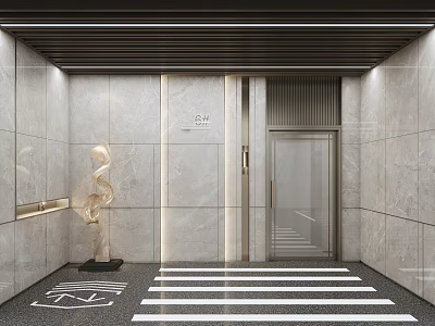 Modern Parking Garage Entrance With Marble Walls Elevator Door Sculpture And Black White Striped Floor 3d model