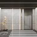 Modern Parking Garage Entrance With Marble Walls Elevator Door Sculpture And Black White Striped Floor