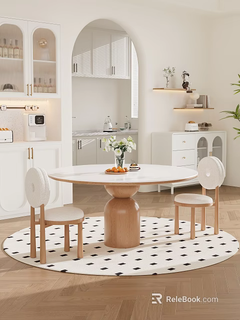Modern Minimalist Round Table and Chairs Set With Marble Top Wooden Base in Dining Area 3d model 
