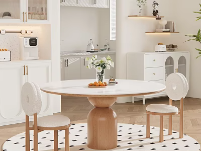 Modern Minimalist Round Table and Chairs Set With Marble Top Wooden Base in Dining Area 3d model