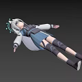 3D Anime Character With White Long Hair Blue Gray Outfit Mechanical Armor In Lying Pose