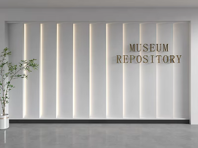 White Vertical Striped Background Wall For Museum Repository With Lighting And Potted Plant 3d model