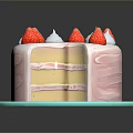 Layered Strawberry Cake with Fresh Strawberries and Cream on Blue Plate with Sliced Piece