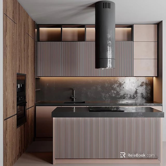 Modern Kitchen Interior With Stylish Cabinets Island Counter And Lighting Design 3d model 