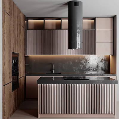 Modern Kitchen Interior With Stylish Cabinets Island Counter And Lighting Design 3d model