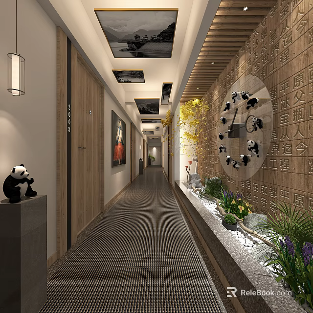 Hotel Corridor with Panda Decorations Wooden Doors and Wall Artworks Green Plants Ceiling Lights 3d model 