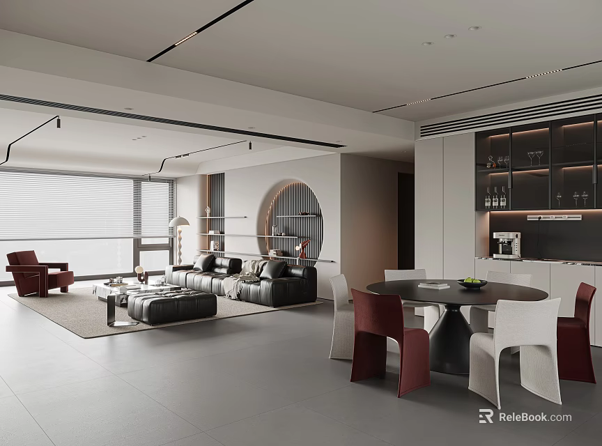 Modern Living Dining Room With White Gray Scheme Black Leather Sofa Red Chairs Round Table 3d model 