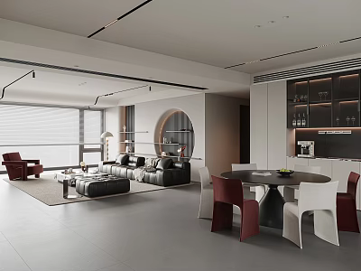 Modern Living Dining Room With White Gray Scheme Black Leather Sofa Red Chairs Round Table 3d model