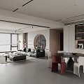 Modern Living Dining Room With White Gray Scheme Black Leather Sofa Red Chairs Round Table