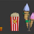 Colorful Ice Cream Cones With Striped Popcorn Bag And Small Sweet Drink
