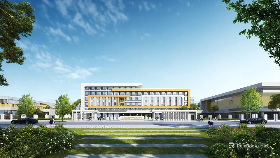 Modern School Building With Yellow White Facade Green Lawns And Trees On Campus Square 3d model 