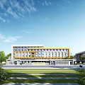 Modern School Building With Yellow White Facade Green Lawns And Trees On Campus Square