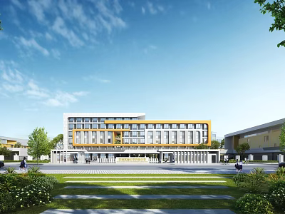 Modern School Building With Yellow White Facade Green Lawns And Trees On Campus Square 3d model