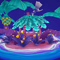 Fantasy Island Scene With Moon Stars Palm Trees Red Pavilion And Blue Water