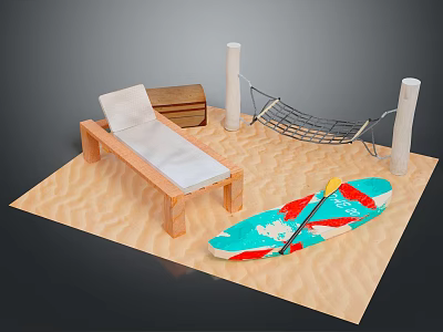 Beach Setup Featuring Wooden Lounge Chair With White Cushion Wooden Chest Hammock And Colorful Surfboard 3d model