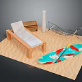 Beach Setup Featuring Wooden Lounge Chair With White Cushion Wooden Chest Hammock And Colorful Surfboard