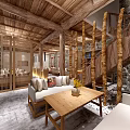 Traditional Chinese Interior Space With Wooden Ceiling Stone Walls Red Paintings And Beige Sofas